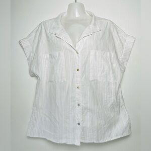 Dear John White metallic folded cuff sleeves Boxy Collared Button front shirt L